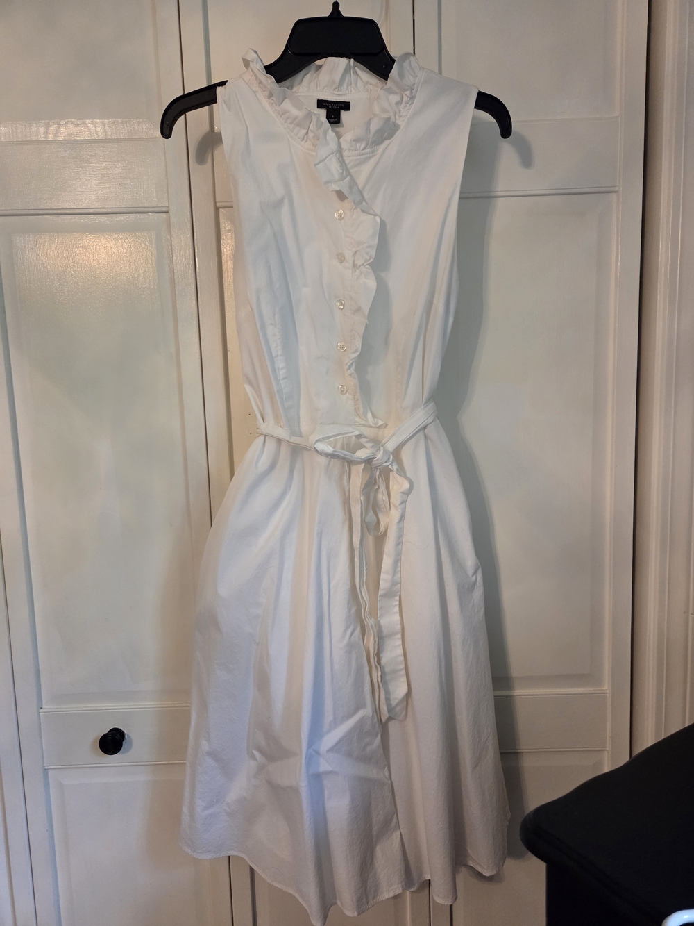 Ann Taylor White Ruffle-Front Sleeveless Shirt Dress